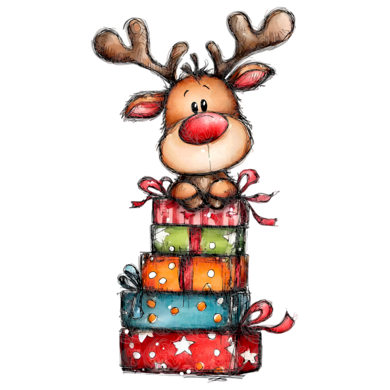Whimsical reindeer cartoon sitting atop a colourful stack of wrapped Christmas gifts, Grey Barn Handwerk, Saskatchewan.
